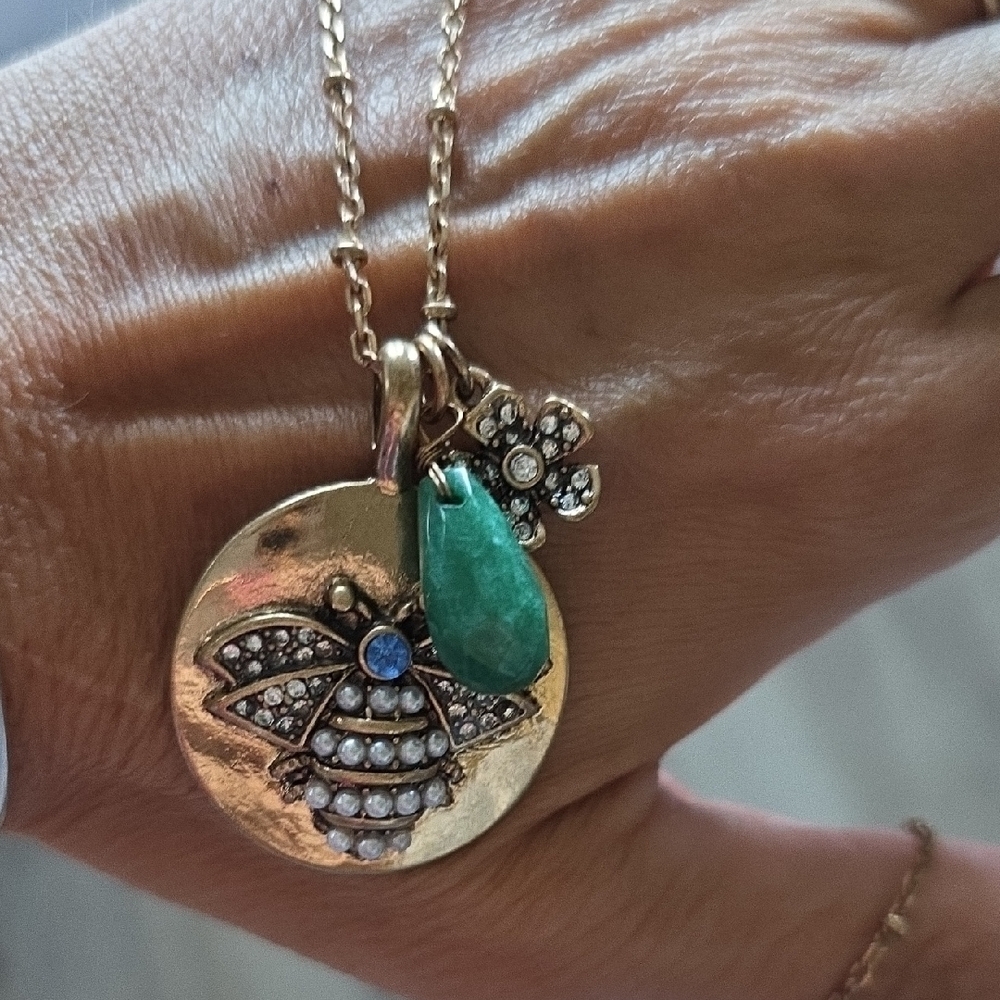 Elegant Gold Tone Pendant Necklace with Pearl, Crystal And Green Stone Accent